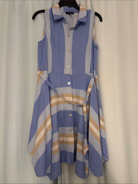 1. State Dresses & Skirts - 1. State Blue and Beige Striped Sleeveless Shirt Linen Blend Button Down Dress,M